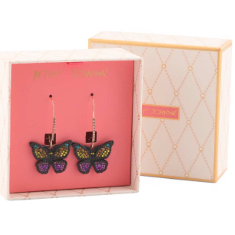 NIB Betsey Johnson Butterfly Shepherds Hook Dangle Earrings